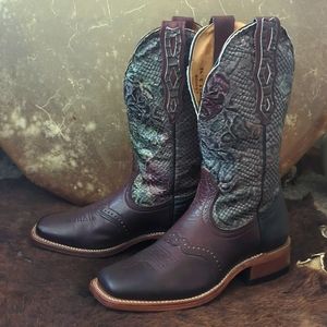 🐴BOULET🐴 1042 Snakeskin & Roses brown leather square toe cowgirl boots sz 7.5